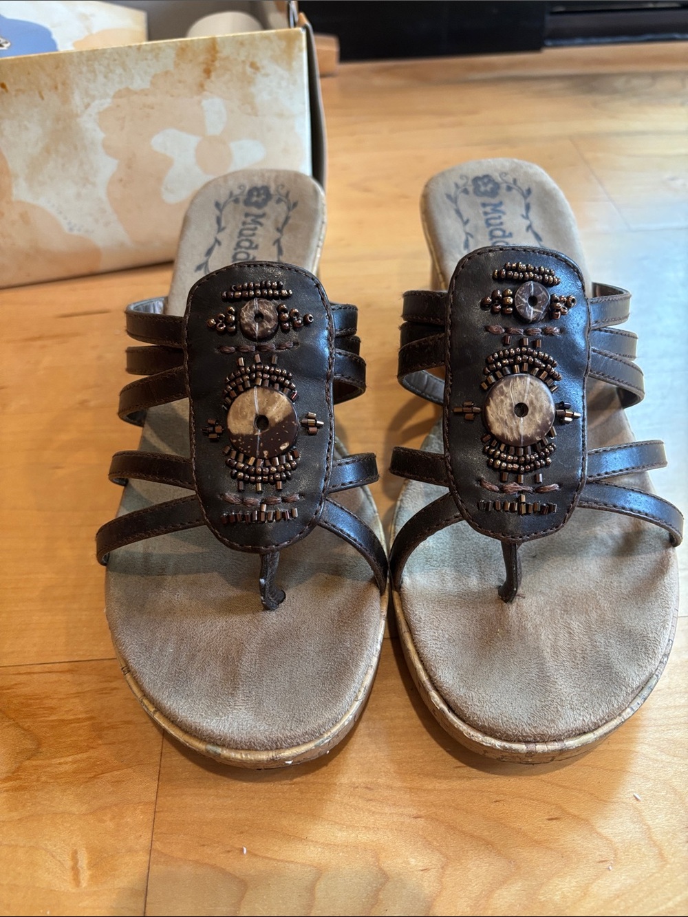 Mudd Dark Brown Beaded Cork Wedge Sandals - Picture 8 of 9